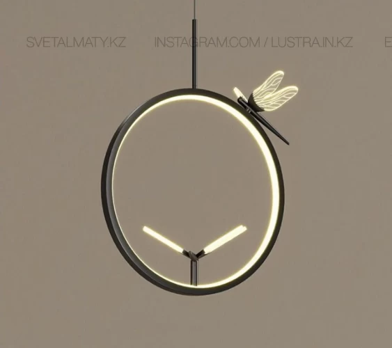 Светильник со светодиодным кольцом со светящимися стрекозами. Цвет черный