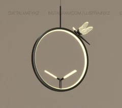 Светильник со светодиодным кольцом со светящимися стрекозами. Цвет черный