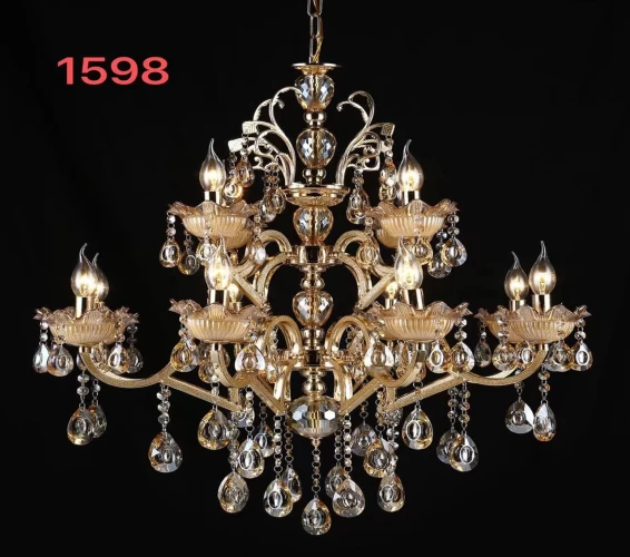 Люстра хрустальная на 12 ламп, цвет золото. Цоколь Е14. Код: 1598-8+4GD