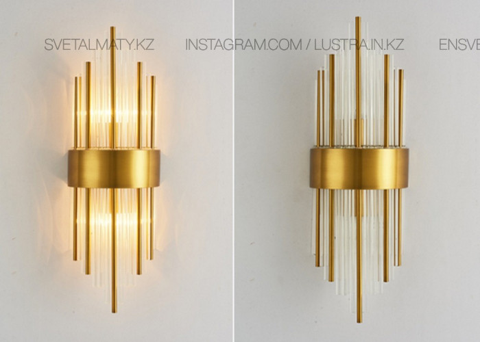 Светильник-Бра настенный 2-х ламповый Хрустальный с золотыми трубками