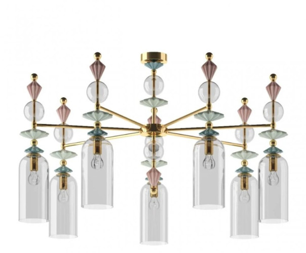 Люстра на штанге из стекла и керамики T001, цвет золото