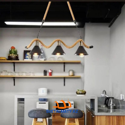 Американская винтажная люстра из конопляной веревки на 3 лампочки